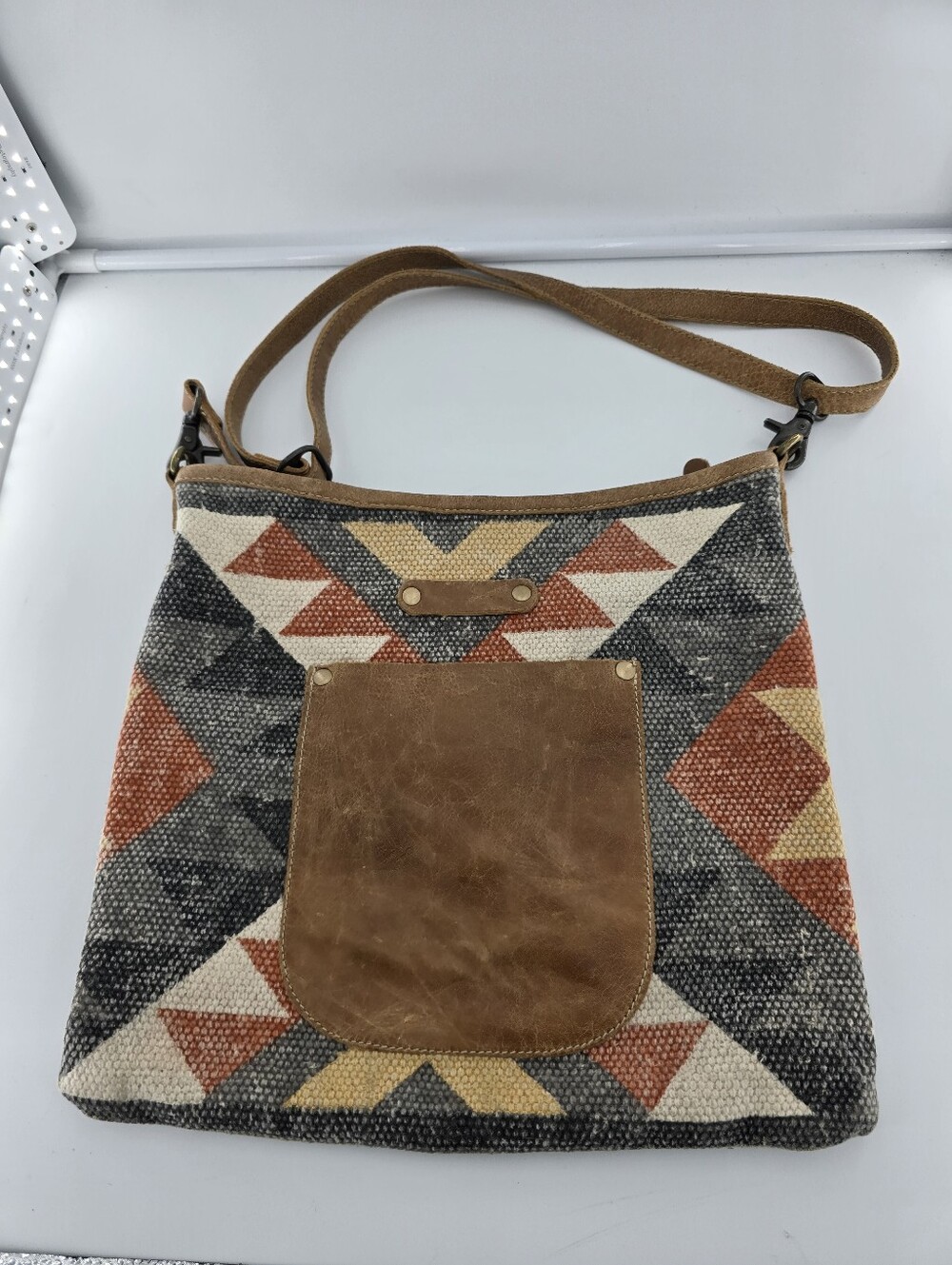 Myra Bag Boho Geometric Leather Accent Crossbody Bag - Brown/Tan
